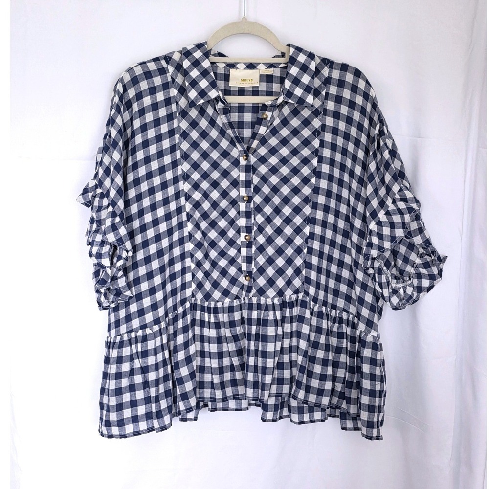 Maeve Anthropologie Navy Gingham Flounced Ruffle Shirt Linen Blend M Oversized - Picture 10 of 10
